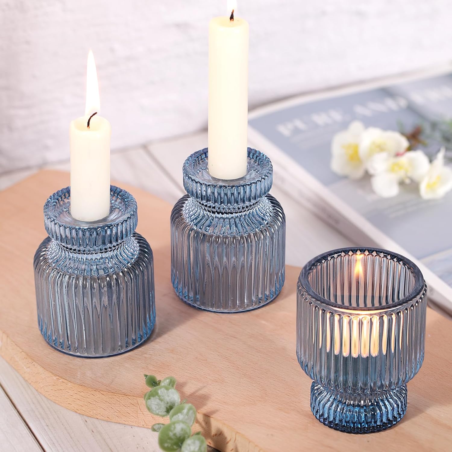 DARJEN 6 Pcs Blue Glass Candlestick Holders with Vertical Stripes - Irregular Shaped, Dual-Use for Taper Candles & Votive/Tea Lights, Candle Holders for Dining Table, Wedding, Party, Home, Gifts