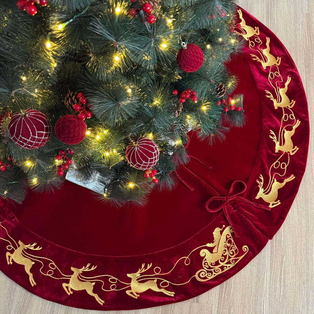 60-Inch Velvet Christmas Tree Skirt with Gold Reindeer and Santa’s Sleigh Embroidery, Lace Tie Closures, Wine