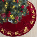 60-Inch Velvet Christmas Tree Skirt with Gold Reindeer and Santa’s Sleigh Embroidery, Lace Tie Closures, Wine
