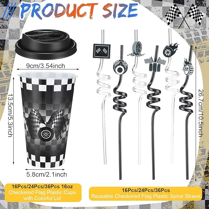 Yungyan 24 Sets Checkered Flag Party Favors Goodie Cups with Lids and Straws for Birthday Decorations Reusable 16oz Plastic Candy Cups Plastic Straws for Birthday Party (Checkered Flag)
