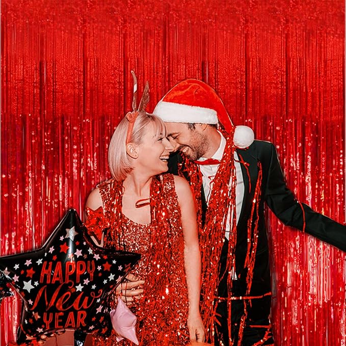2 Pack Foil Curtain Backdrop Red Metallic Tinsel Foil Fringe Curtains Photo Booth Props for Birthday Wedding Engagement Baby Shower Bachelorette Christmas Holiday Celebration Party Decorations