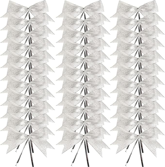 50pcs 3-1/2" Silver Twist Ties Metallic Silver Bows with Twist Tie Bows Fish Tail Cuttiog(Silver.)