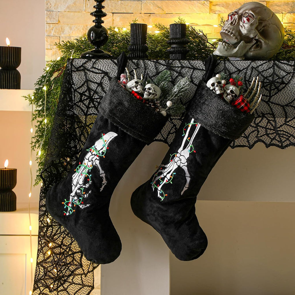 2 Pcs Gothic Christmas Stocking Black Velvet Stocking Goth Xmas Skeleton Hand Embroidered Stockings Hanging Ornaments Santa Candy Gift Bags for Christmas Home Decorations(Light)
