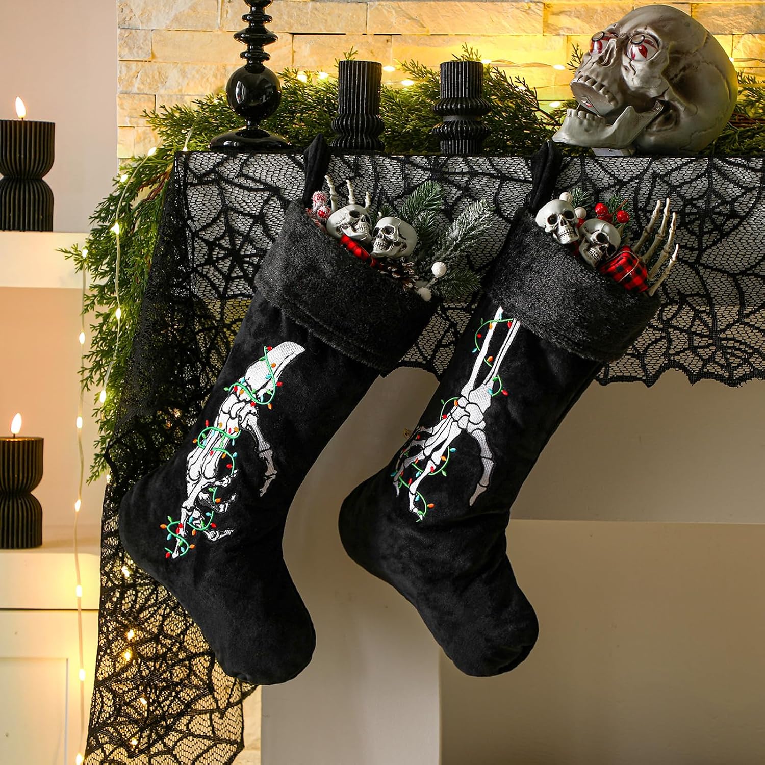 2 Pcs Gothic Christmas Stocking Black Velvet Stocking Goth Xmas Skeleton Hand Embroidered Stockings Hanging Ornaments Santa Candy Gift Bags for Christmas Home Decorations(Light)