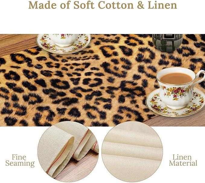 Leopard Print Dinning Table Runner, Cotton Linen Rustic Cottage Country Farm Safari Wildlife Fur Print Table Runners for Table Dresser Runner Dinning Kitchen Party Holidays Home, 13x70 Inch