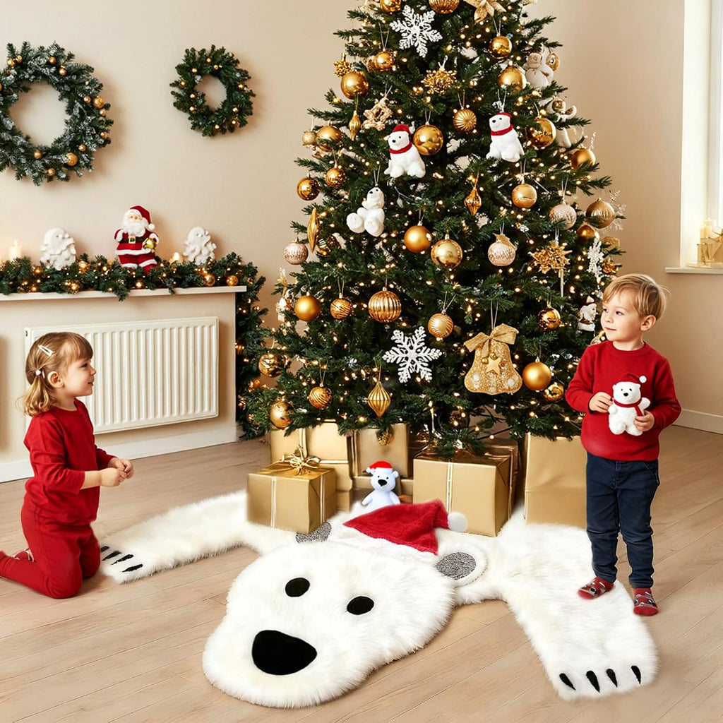 AerWo 48 Inch Christmas Tree Skirt, Faux Fur Polar Bear White Tree Skirt for White Christmas Decorations Indoor Party Holiday Xmas Home Decor