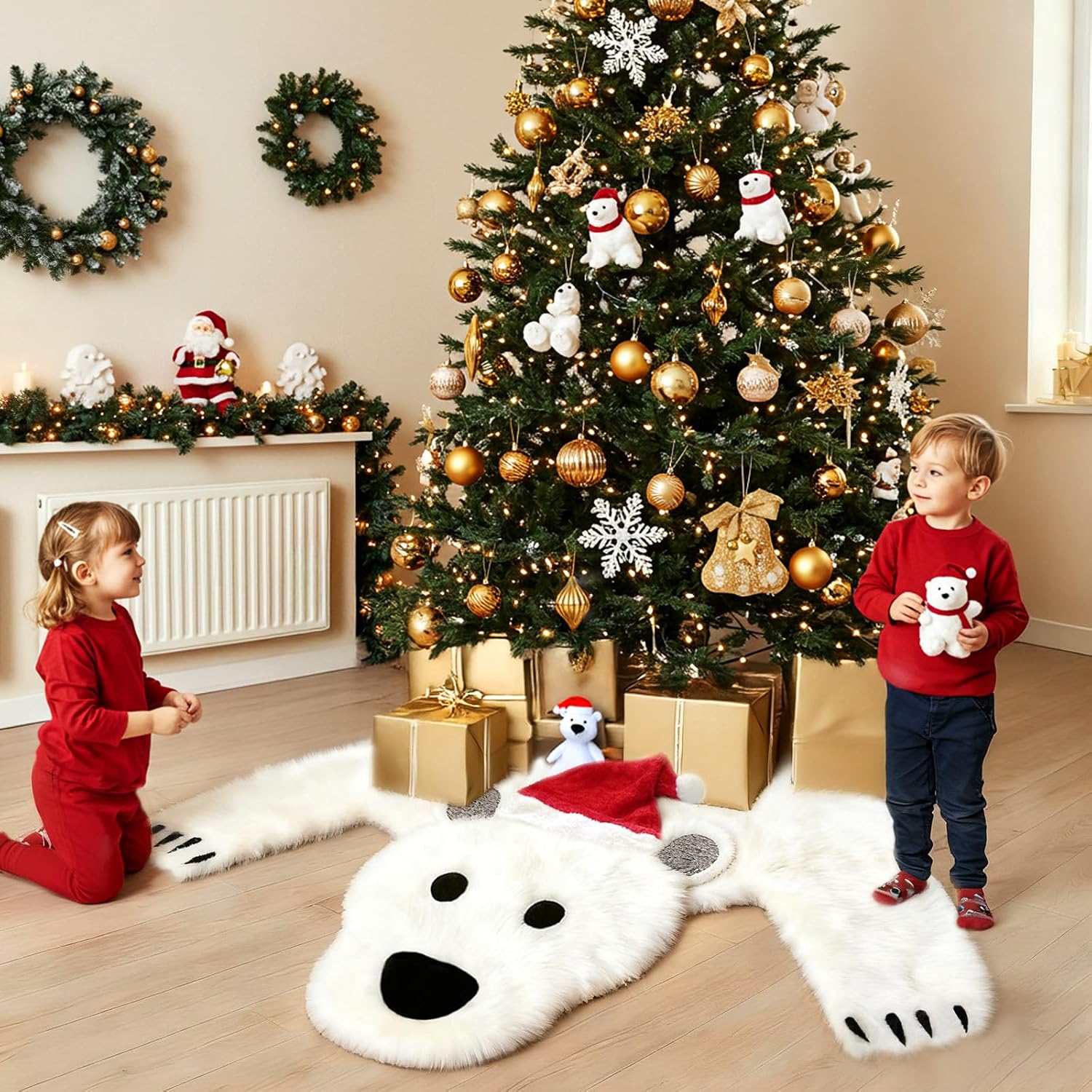 AerWo 48 Inch Christmas Tree Skirt, Faux Fur Polar Bear White Tree Skirt for White Christmas Decorations Indoor Party Holiday Xmas Home Decor