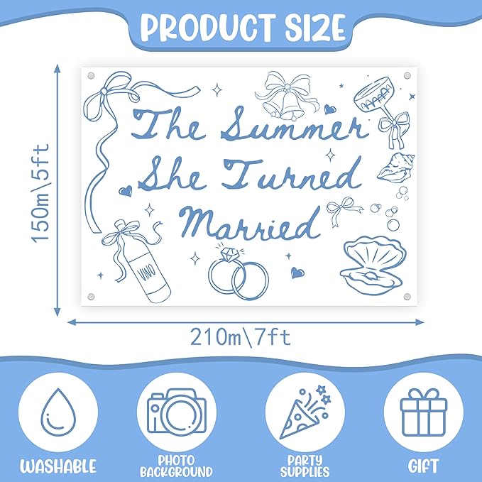 The Summer She Turned Married Backdrop - Beach Wedding Party Decorations - Bridal Shower Bachelorette Party Background Blue