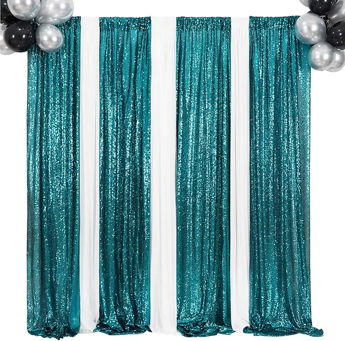 Poise3EHome 2Pcs 2Ft x 8Ft Teal Sequin Backdrop Curtains, Glitter Photography Background, Sequence Xmas Thanksgiving Backdrop for Wedding Party Holiday Festival Decor