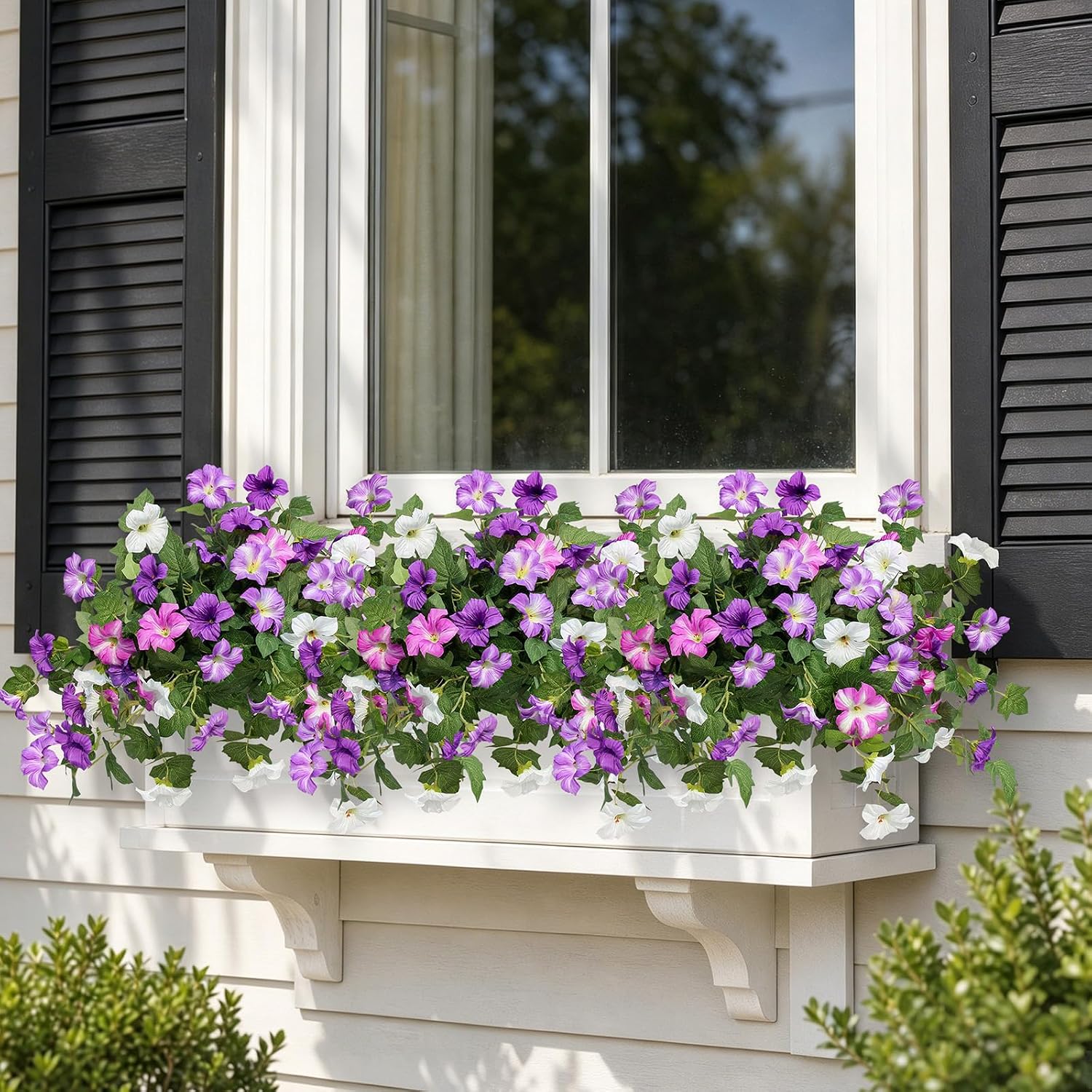 Artificial Fake Flowers Plants for Outdoor UV Resistant, 2PCS Silk Faux Petunias No Fade Summer for Outside Planter Front Door Porch Yard Patio Balcony Realistic Decoration Purple White
