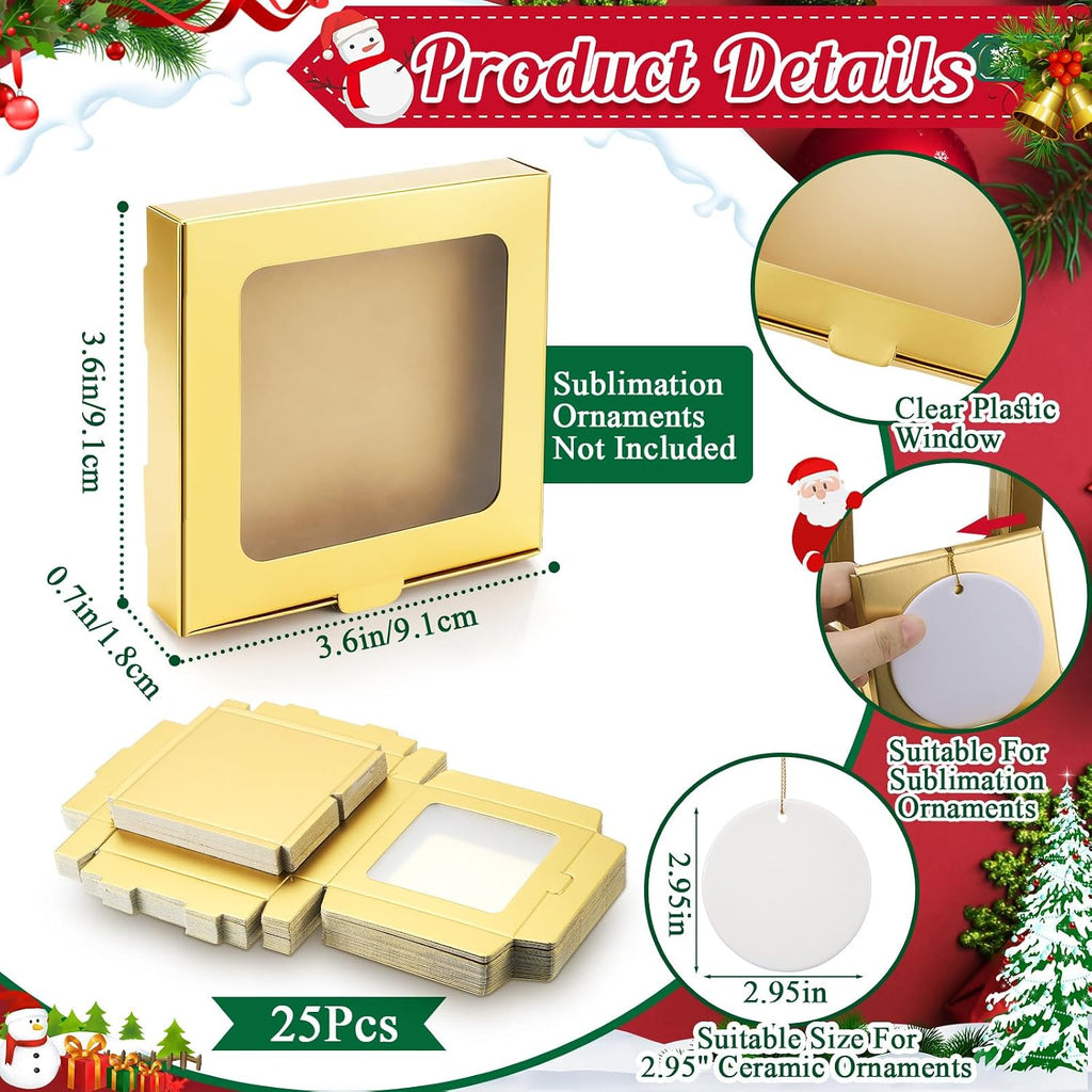 Dunzoom 25 Pcs Sublimation Ornament Blanks Gift Box 3.6"x3.6"x0.7" Christmas Ornaments Holder Ceramic Discs Packaging Box with Window for Personalized Xmas Tree Blanks Bulk (Gold)