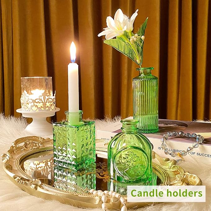 Charm Glass Bud Vases, Small Flower Vases in Bulk for Centerpieces, Vintage Mini Vases for Wedding Decor, Home Table Decorations Diffuse Bottles,Ideals (Pack of 30,Light Green)