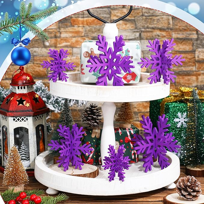 Bucherry 12 Pcs Wooden Snowflake Table Decor 3D Snowflake Tabletop Signs and Centerpiece for Christmas Xmas Winter Wonderland Decorations Home Party(Purple)