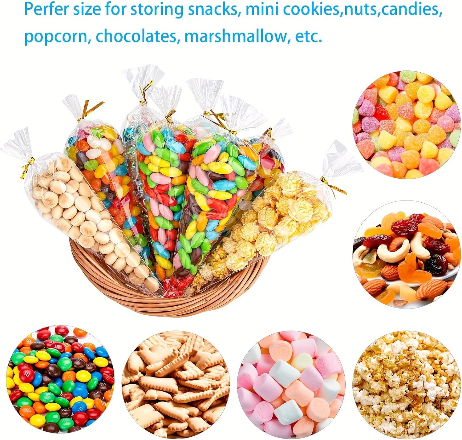 50pcs Clear Cone Cellophane Bags, Cello Cone-Shaped Treat Bags with Twist Ties, Plastic Triangle Bags for Popcorn and Candy Favors