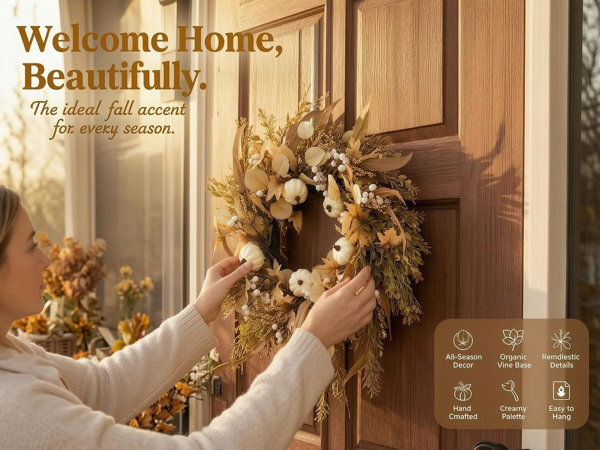 24 inch neutral fall wreath for front door shown in use