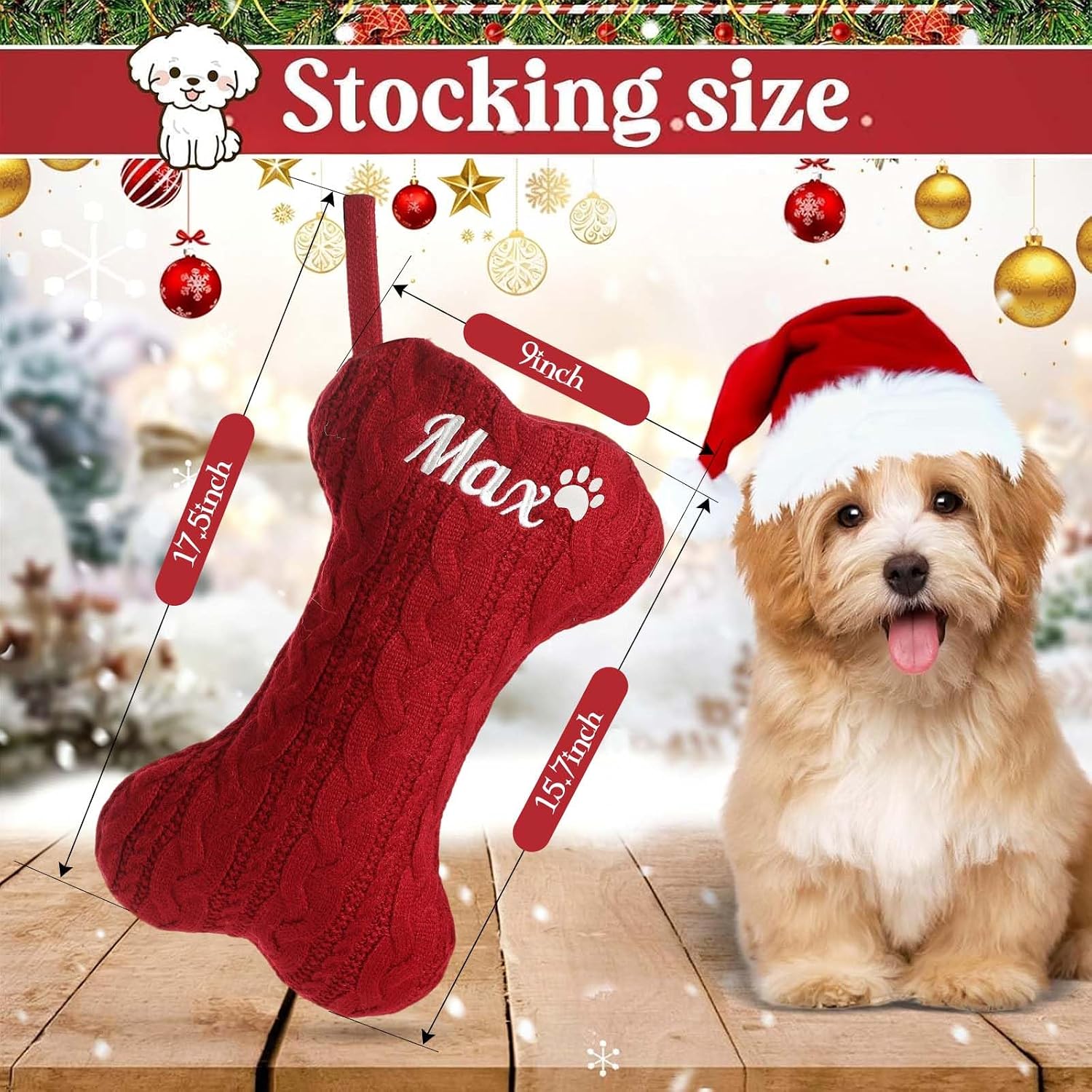 Personalized Dog Christmas Stockings - Custom Embroidered Pet Name & Bone Shape Stocking for Doggie, 15.7” Large Knit Monogram Xmas Stockings for Fireplace Holiday Decor Gift(1 Pack)