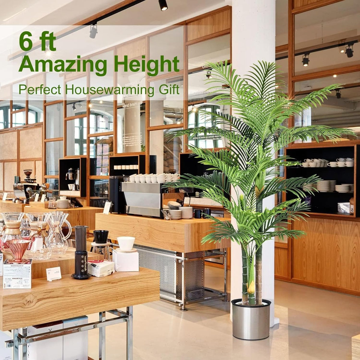 6ft tall triple golden cane palm artificial tree, close-up detail