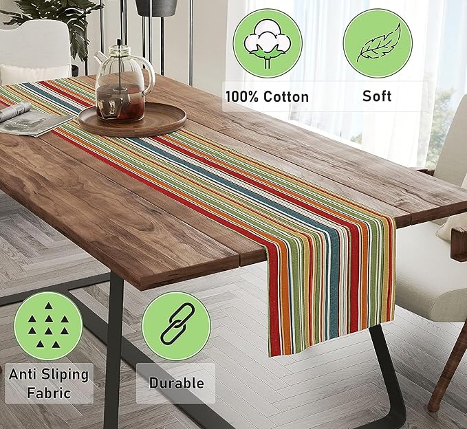 Ruvanti 100% Cotton Table Runner 48 Inches Long, Non-Slip, Stain Resistant, Washable & Reusable Table Runners Perfect for Wedding, Parties, Christmas, Holiday, in-Door use - Multi Stripe