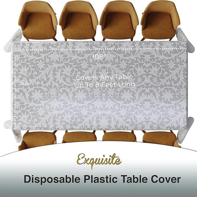 Exquisite Lace Table Cloth Rectangle Table Plastic 12-Pack Lace Tablecloth Rectangular 54" X 108" | White Floral Tablecloth Disposable | Wild Flower Party Decorations & Party Supplies