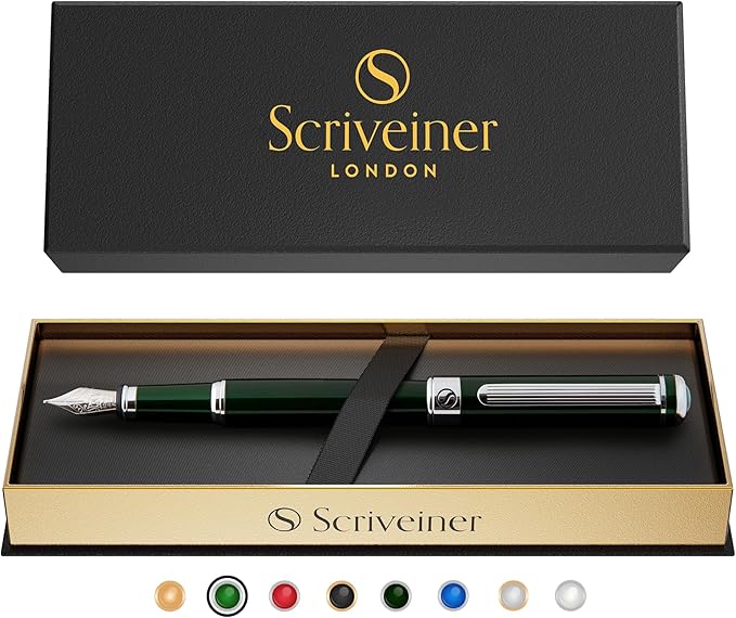 Scriveiner British Racing Green Fountain Pen - Stunning Luxury Pen with Chrome Finish, Schmidt Nib (Medium), Best Pen Gift Set for Men & Women, Professional, Executive, Office, Nice Pens