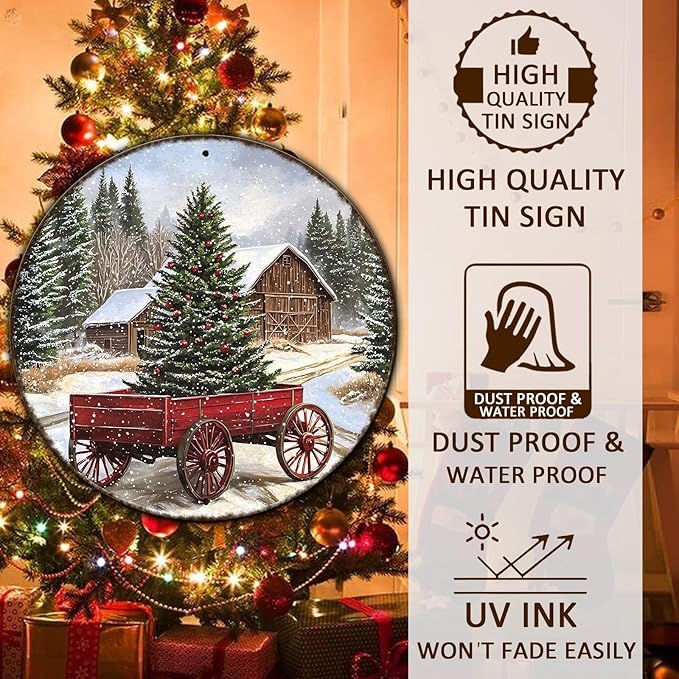 Round Barn Christmas Trees Metal Tin Sign Christmas Vintage Tin Sign Poster For Kitchen Cafe Bar Farmhouse Home Wall Decor Art Winter Decoration 12 * 12 in