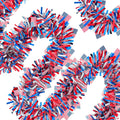 4 Pack 26.4 ft Red White Blue Patriotic Tinsel Garland with American Flags, Metallic Foil Fringe Banner Streamers for 4th of July, Memorial Day, Veterans Day, Independence Day, and Parade Decorations