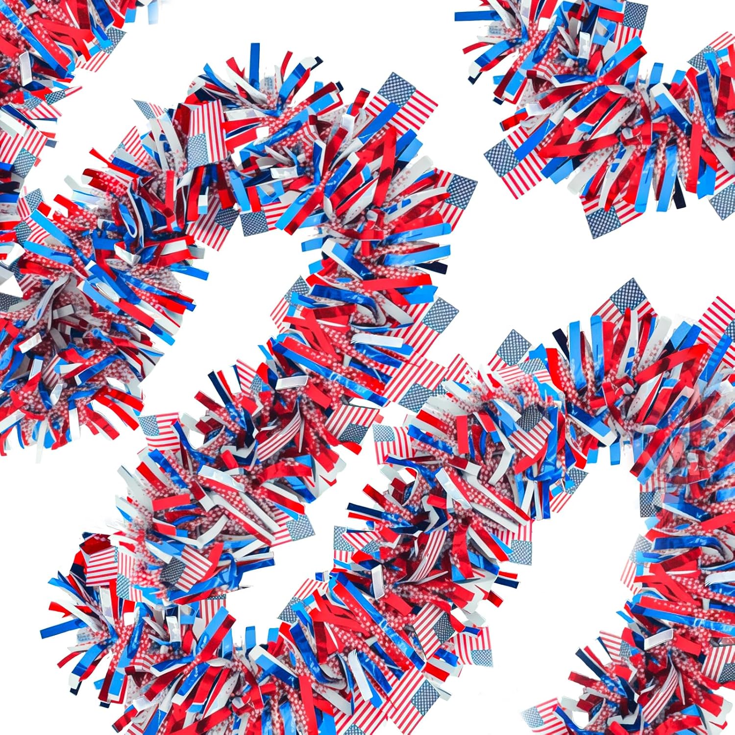 4 Pack 26.4 ft Red White Blue Patriotic Tinsel Garland with American Flags, Metallic Foil Fringe Banner Streamers for 4th of July, Memorial Day, Veterans Day, Independence Day, and Parade Decorations