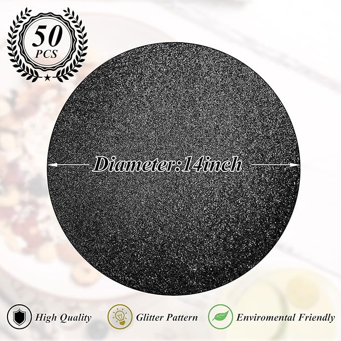 50 Pieces Black Glitter Paper Place Mats Sparkle 14'' Round Disposable Table Mats Black Doilies Decorative Placemats for Wedding Banquet Party Home Dining Table Decor
