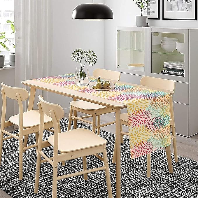 Abstract Flowers Table Runner, Chrysanthemum Dahlia Vintage Modern Colorful Spring Summer Elegant Table Runner for Party Kitchen Dining Living Room Laundry Room Decor, 13x70 Inch