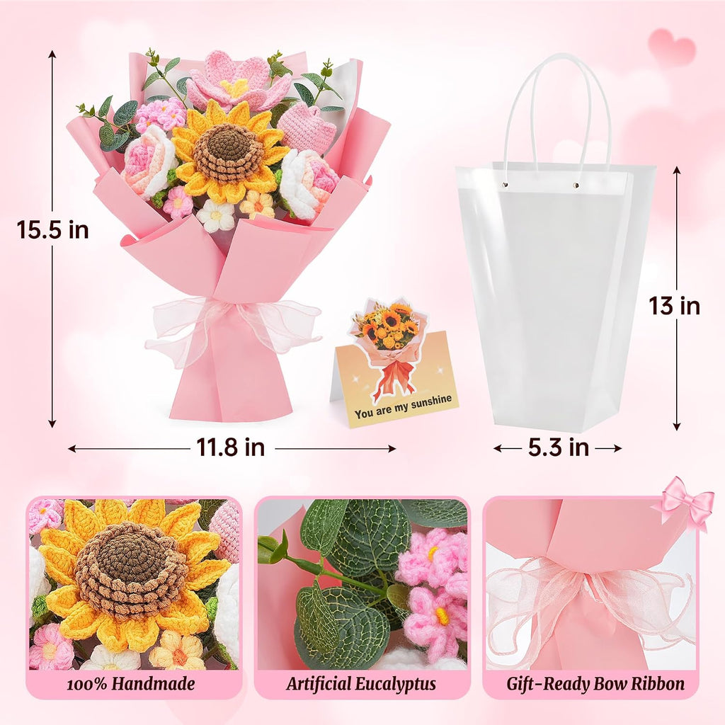 Crochet Flower Bouquet - Handmade Knitted Sunflower Crochet Flowers, Pink Crochet Bouquet Gift for Mom, Wife, Women, Mother's Day, Birthday, Graduation, Teacher Gifts with Gift Bag & Card