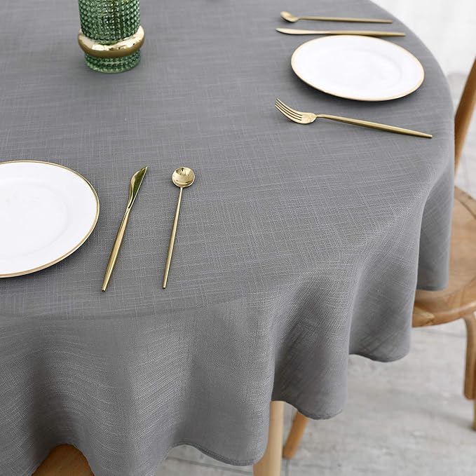 maxmill Lux Faux Linen Tablecloth with Slubby Texture Wrinkle Resistant Anti-Shrink Soft Table Cloth for Kitchen Dining Restaurant Tabletop for Event Holiday Dinner Round 70 Inch Neutral Gray