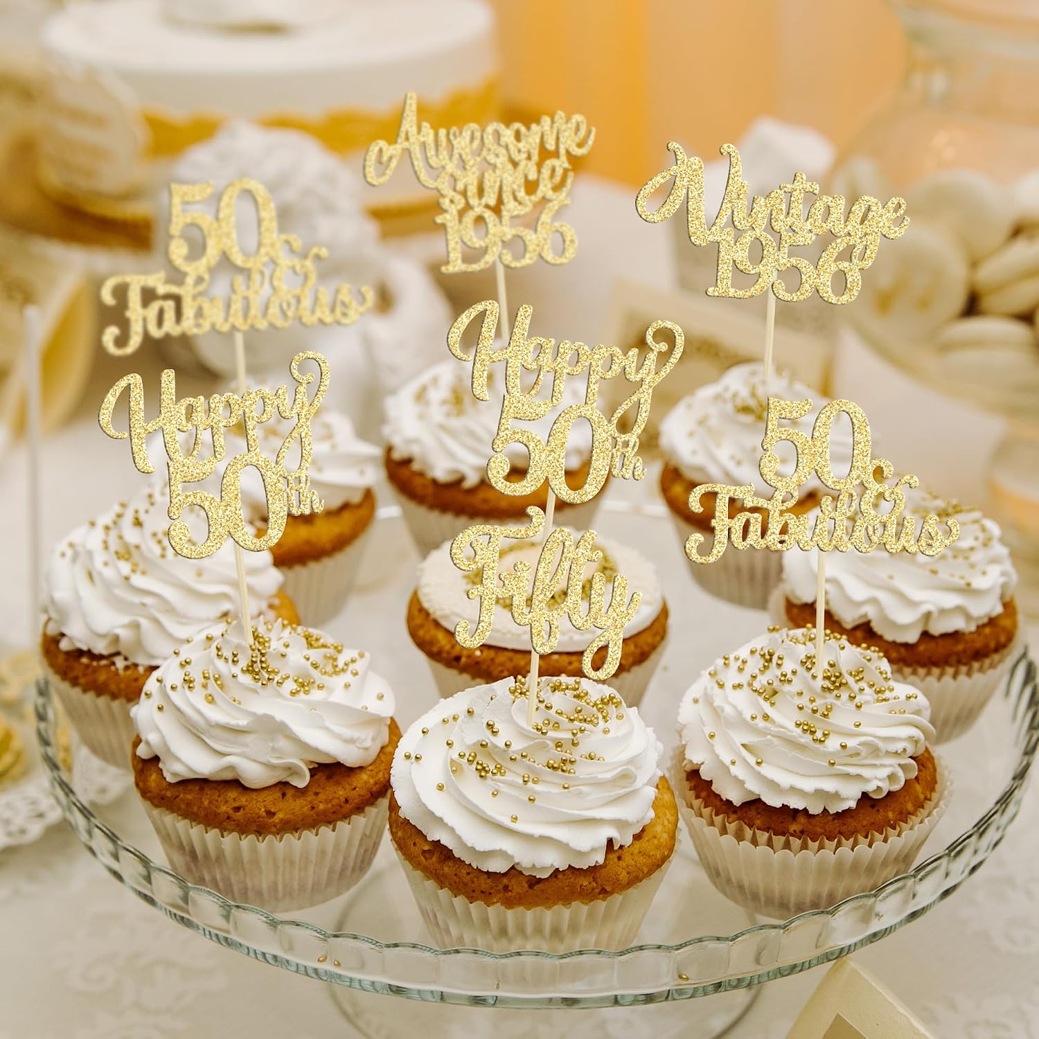 30Pcs Vintage 1976 Cupcake Toppers Glitter Fifty Happy 50th Birthday 50 Fabulous Cupcake Picks Cheers to 50 Years for 50th Birthday Wedding Anniversary Party Cake Decorations Supplies Gold