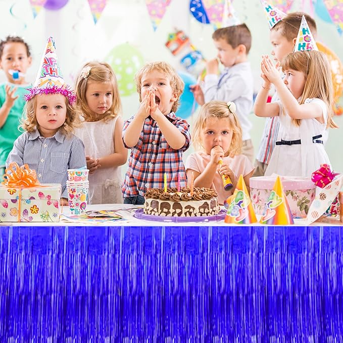 4 Pack Metallic Foil Fringe Tinsel Table Skirts,29x108 Inch Party Disposable Table Skirt Banner for Hotel Banquet Parade Floats Mardi Gras Holiday Birthday Wedding New Year Party Decoration(Blue)