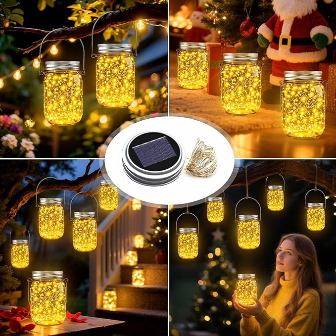 ZNYCYE Mason Jar Solar Lights for Outside, 12 Pack 30 LED Fairy Firefly Lights Mason Jar Solar Lids Outdoor Waterproof String Lights with Hangers(NO JARS) for Patio Garden Yard Lawn Decor - Warm White