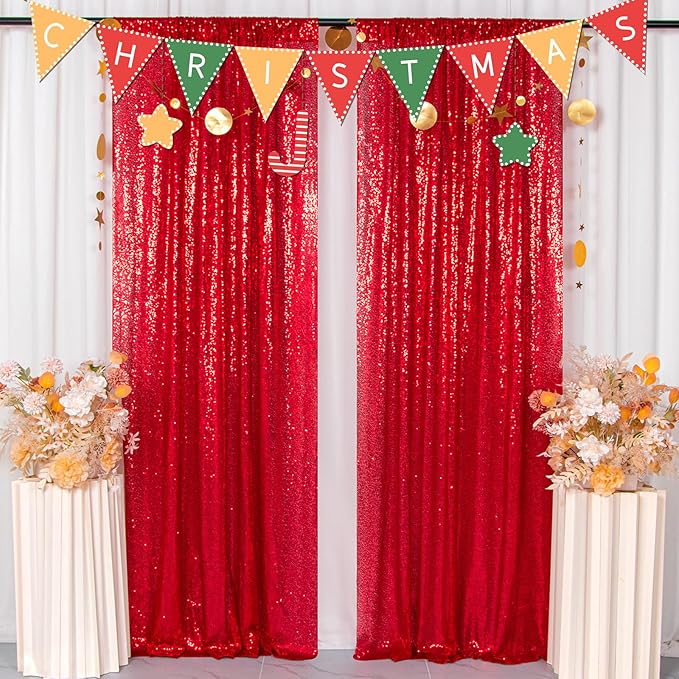 ShinyBeauty Red Sequin Curtains 8 Panels, 2FTx8FT - Dazzling Glitter Backdrop for Festive Events, Birthday Parties, and Christmas Decor, Sparkle Photo Background