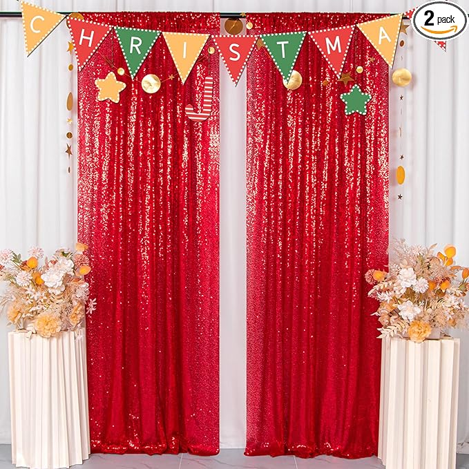 ShinyBeauty Red Sequin Backdrop | 2 Panels 4FTx8FT | Sparkly Wedding & Christmas Photo Background | Elegant & Dense Mesh Fabric | 96 Inches Long Booth Backdrops