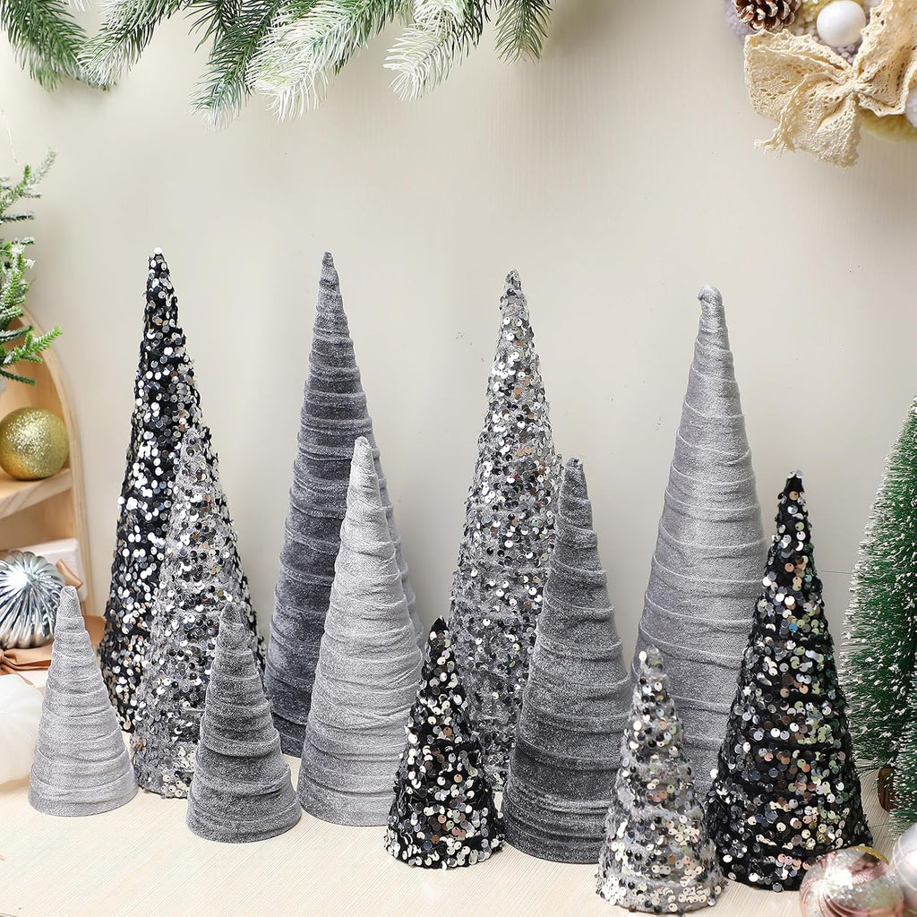 ireer 12 pcs silver gray christmas velvet cone, close-up detail