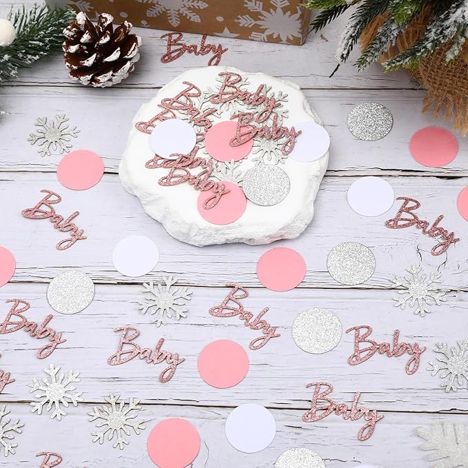 MARFOREVER Winter Baby Shower Table Confetti, 200 Pcs Glitter Pink Silver Snowflake Table Decorations Winter Gender Reveal Sprinkle for Winter Birthday Party Baby Shower Decorations(Pink)