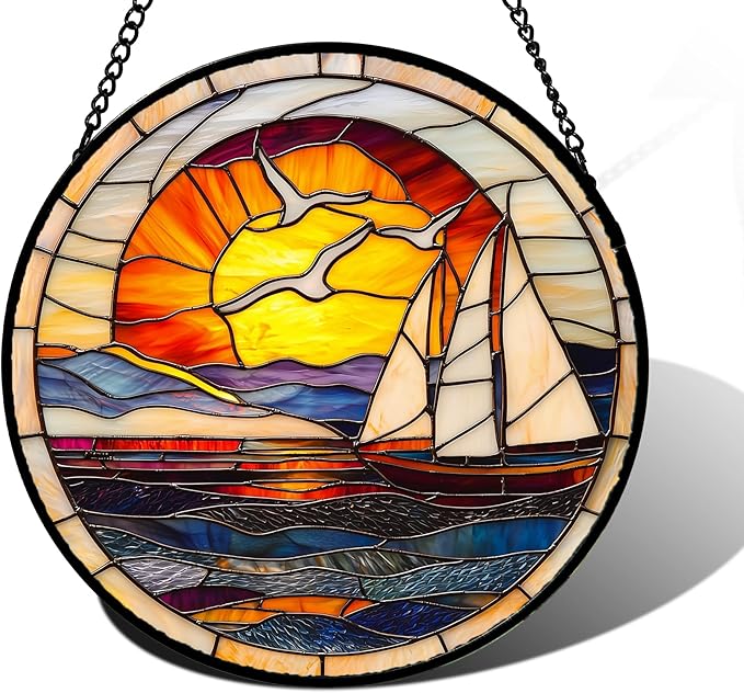 Stained Glass Window Hanging, Sun Ocean Sailboat Seagull Abstract Suncatcher Diamond Glass Panel Sun Catchers Decor for Birthday for Women, Men, Wife, Aunt, and Mom 6.3 in