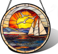 Stained Glass Window Hanging, Sun Ocean Sailboat Seagull Abstract Suncatcher Diamond Glass Panel Sun Catchers Decor for Birthday for Women, Men, Wife, Aunt, and Mom 6.3 in