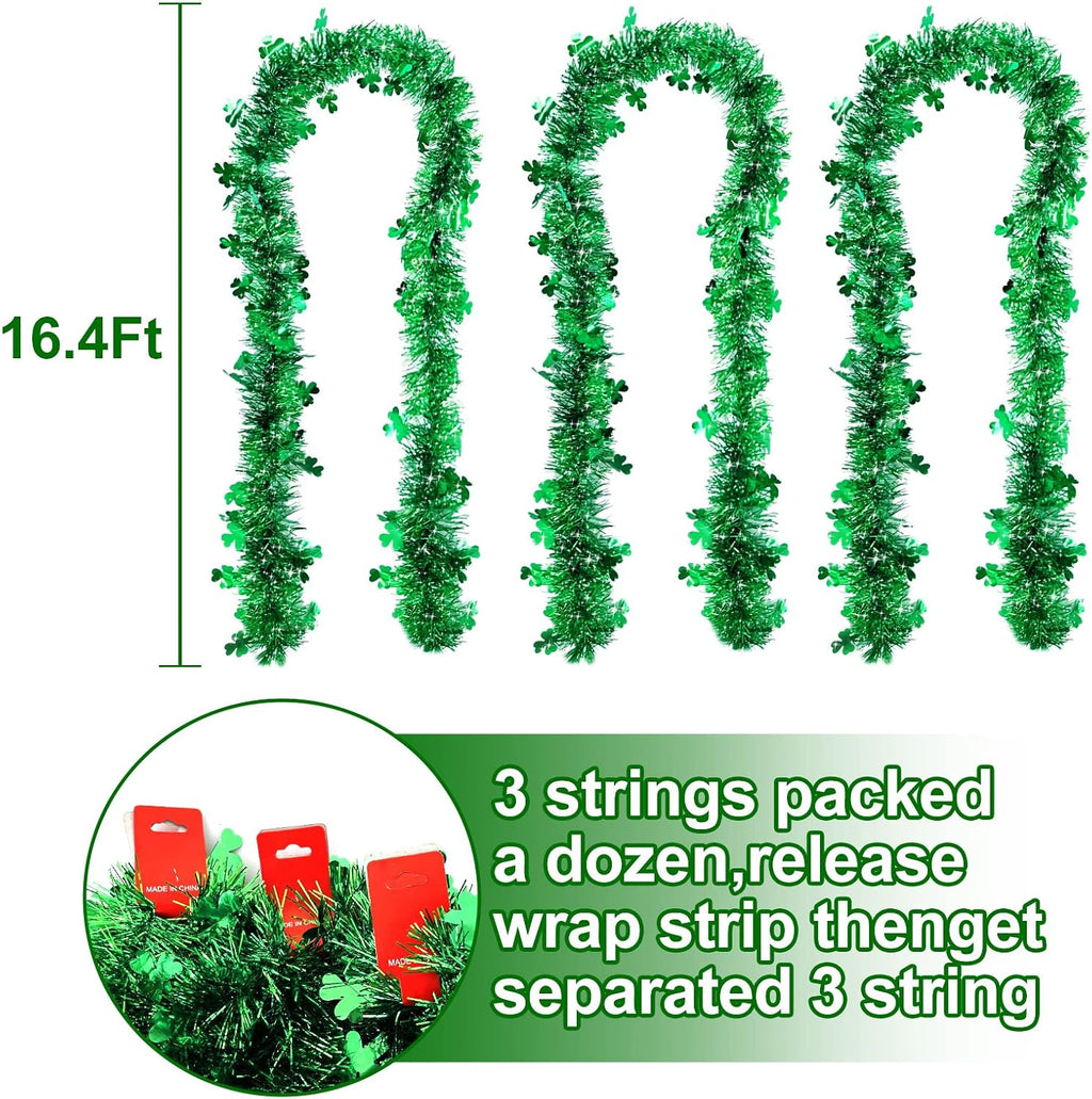 TURNMEON 3 Pack Total 49.2 Ft St. Patrick's Day Shamrock Tinsel Garland Decor Green Clover Metallic Streamers St Patricks Day Decorations Indoor Outdoor Home Irish Party Supplies, Each 16.4 Ft by 4.3"