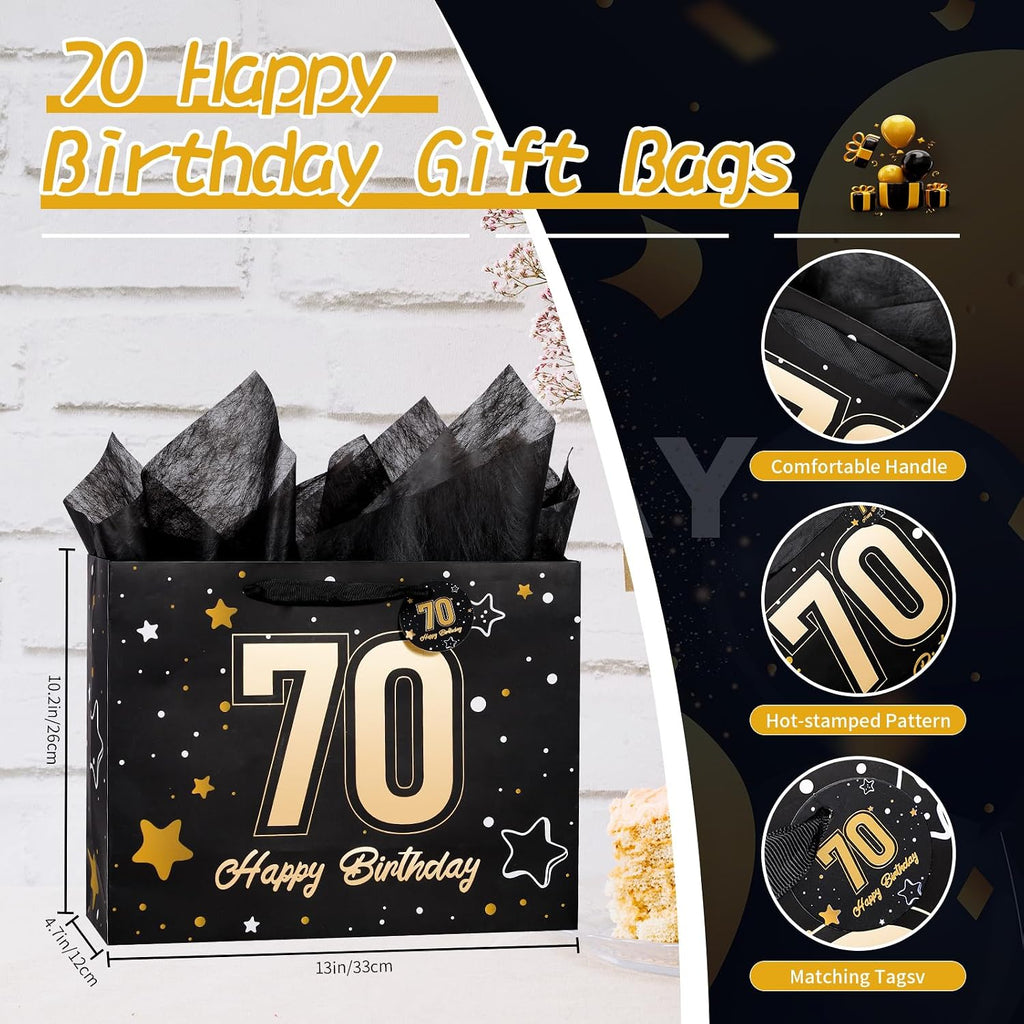 Powbrace 13" Black 70th Birthday Gift Bag with Tissue Paper and Greeting Card for Party,Happy Birthday Gift Bag for Men Women,Gift Bags Medium size(1 Black 70th)