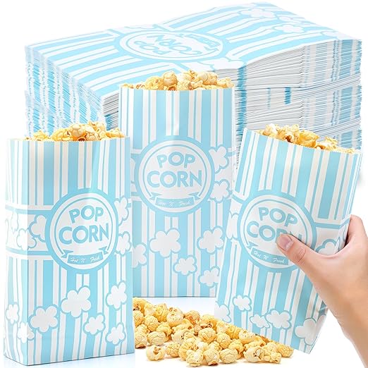 200 Pcs Paper Popcorn Bags Bulk 2 oz Large Flat Bottom Boxes Red and White Disposable Container Sleeve Movie Night Popcorn Bucket for Retro Movie Themed Party Carnival Supplies (Light Blue and White)