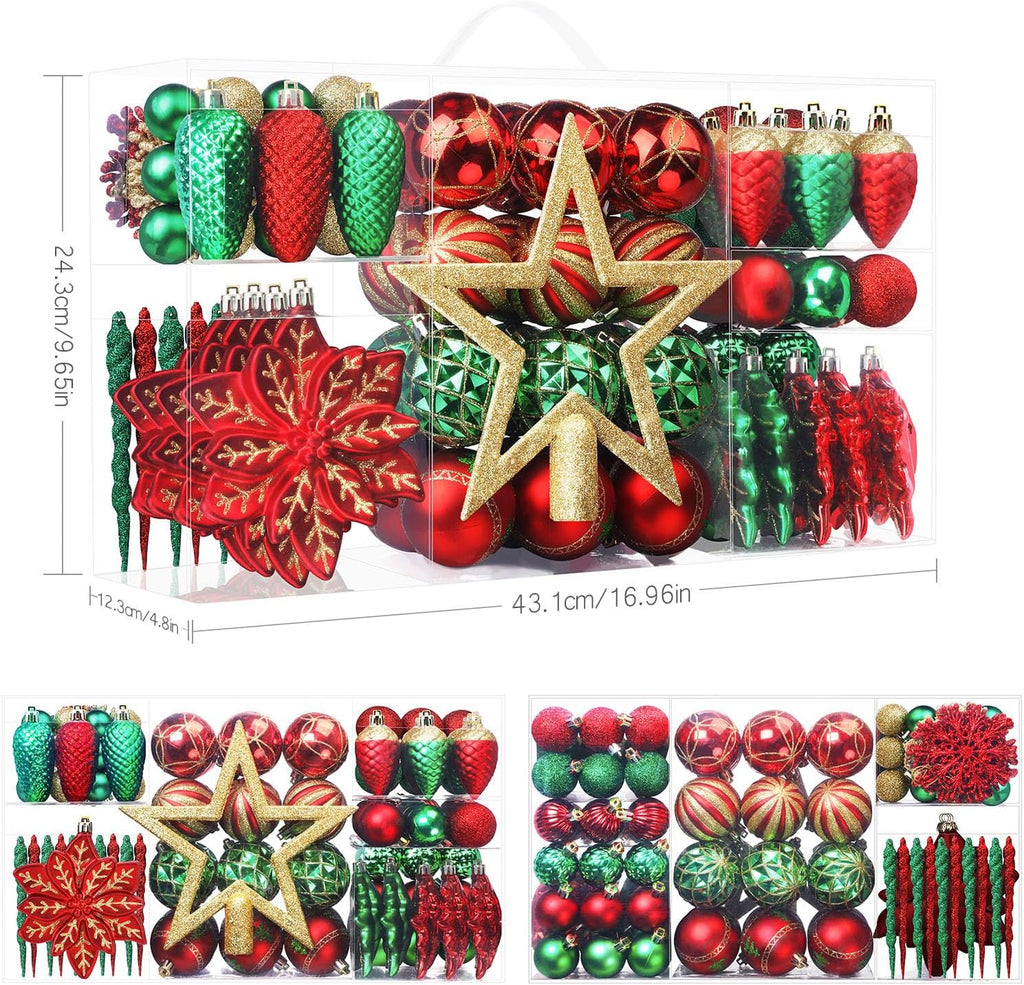 SHareconn 106PCS Christmas Balls Ornaments Set, Colorful Shatterproof Plastic Decorative Baubles for Xmas Tree Decor Holiday Wedding Party Decoration with Hanging Hooks, Red & Green Gold