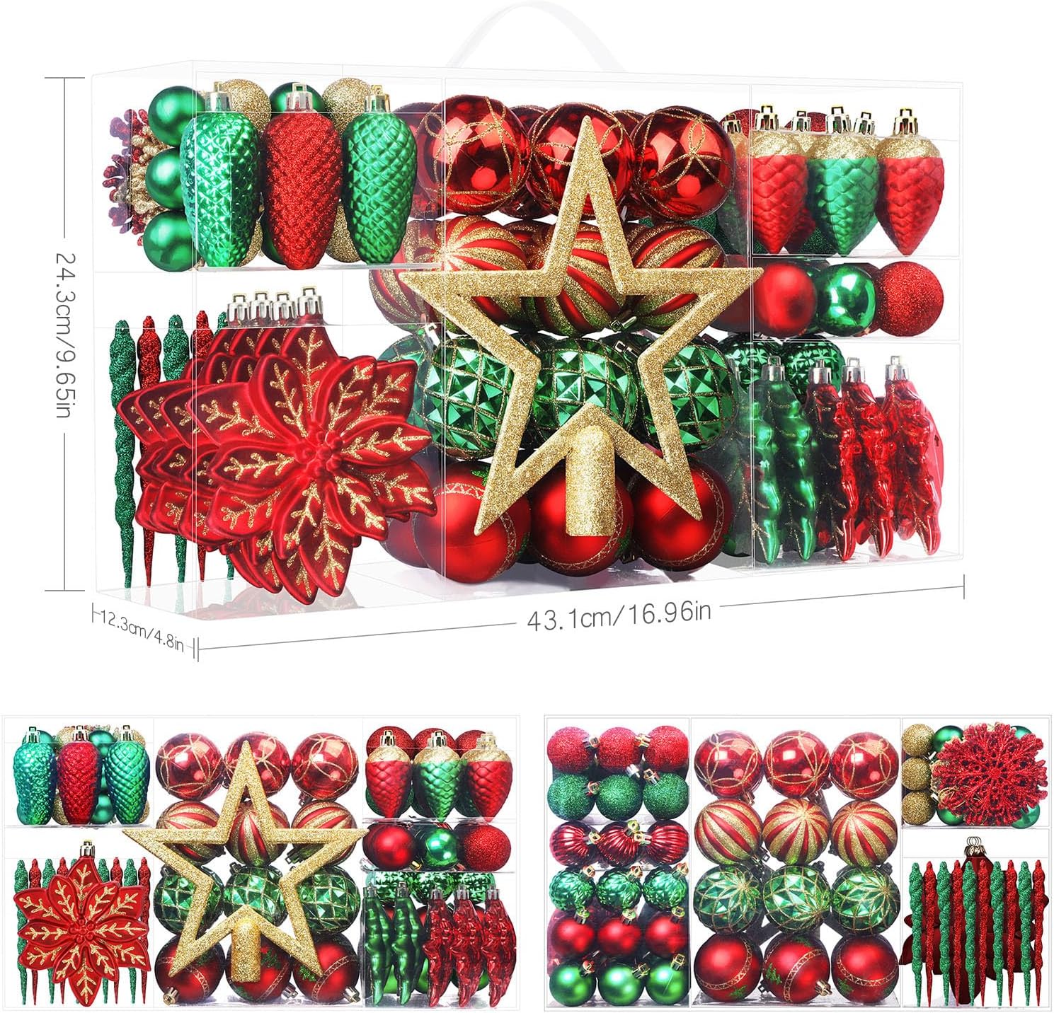 SHareconn 106PCS Christmas Balls Ornaments Set, Colorful Shatterproof Plastic Decorative Baubles for Xmas Tree Decor Holiday Wedding Party Decoration with Hanging Hooks, Red & Green Gold