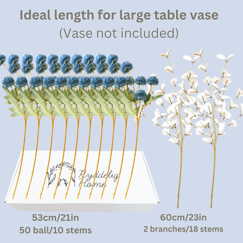 faux dusty blue flowers, 12 blue and white showing dimensions