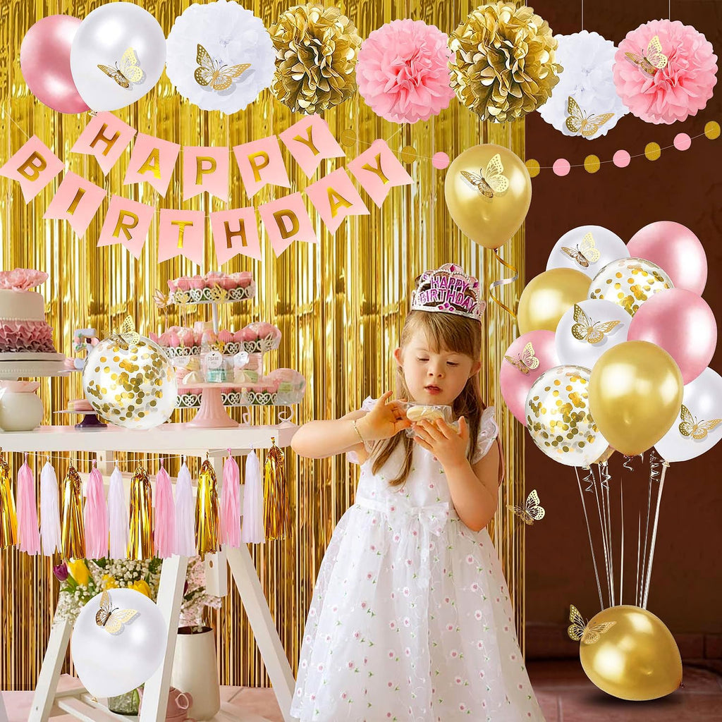 Pink and Gold Birthday Party Decorations for Women with Happy Birthday Banner,Curtains, Butterfly Wall,Circle Dots Garland,Tissue Pompoms,Paper Tassels Garland for Her