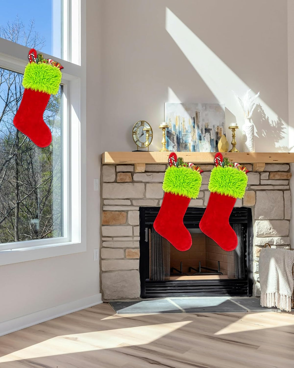 2PCS Christmas Stockings with Names Tag, 20 Inch Green Faux Fur Velvet Personalized Xmas Stockings, Hanging Ornament Large Gift Bags for Fireplace Window Door Tree Christmas Decorations(Red)