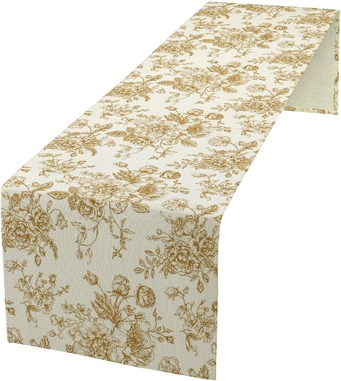 Retro Floral Table Runner, Golden White Wildfloral Sketch Print Kitchen Dinning Table Runner for Indoor Outdoor Home Wedding Party Holiday, 13x60 Inch