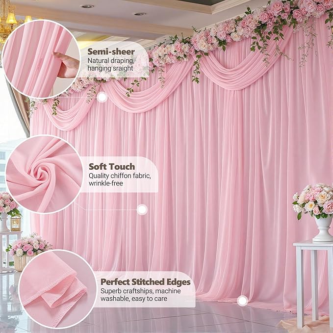 10ft x 10ft Peach Pink Backdrop Curtains, Wrinkle-Free Sheer Chiffon Fabric Photo Backdrop Drapes for Wedding Arch Party Ceremony Stage Photography Decorations
